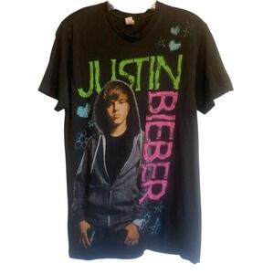Y2K Pop Justin Bieber Graphic T-Shirt Black Believe Era Tee Size M Concert Merch